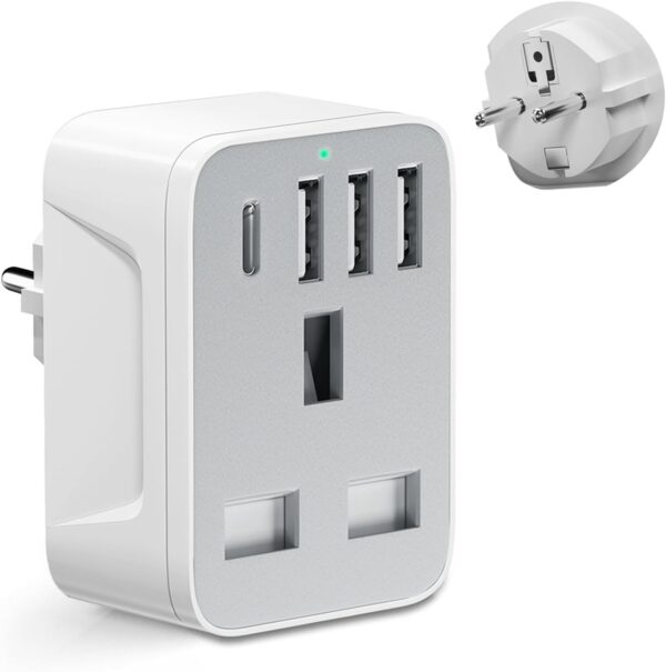 European to uk plug adapter,travel adapter UK to European Plug with 1*USB C & 3*USB A Ports