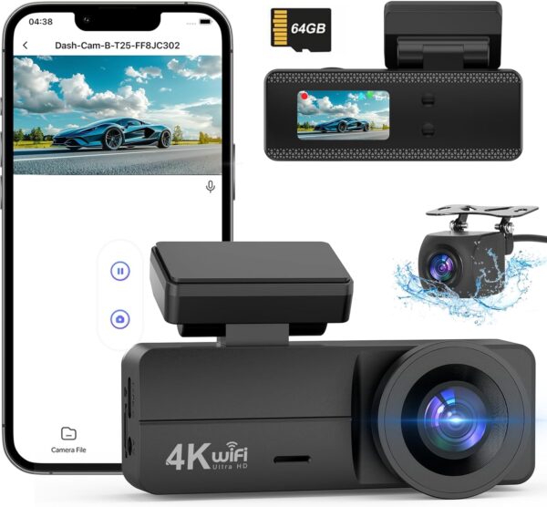 DYNACAM Dash Cam Front and Rear 4K+1080P, Dash Cam Inserted 64GB SD Card,